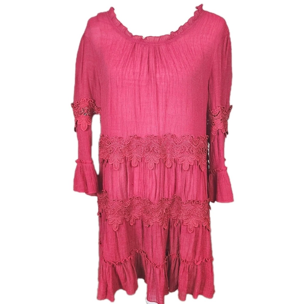 Indigo Soul Tunic Dress Womens Large Burgundy Tiered Crochet Boho‎ Festival Hip